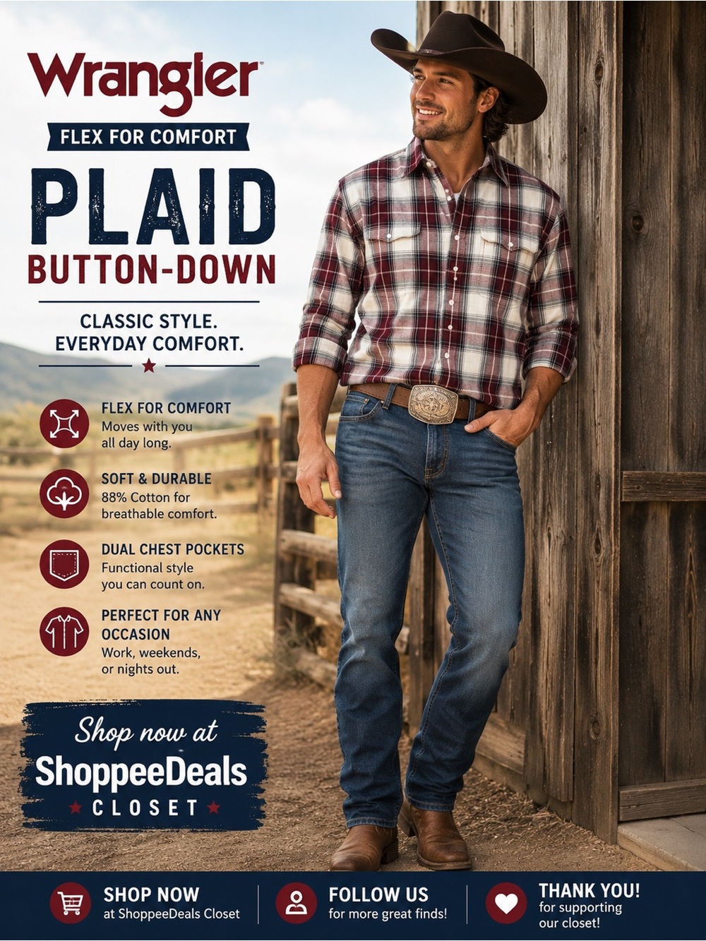 Wrangler Flex for Comfort Plaid Button-Down Shirt – Men’s XL